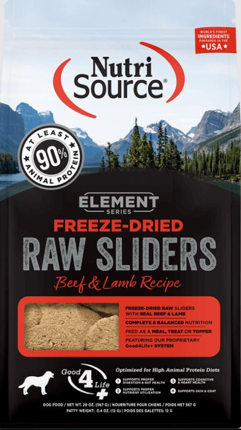 Nutri Source Element ; Freeze Dried Raw Sliders Beef and Lamb ; Dog Food ; 10 oz bag